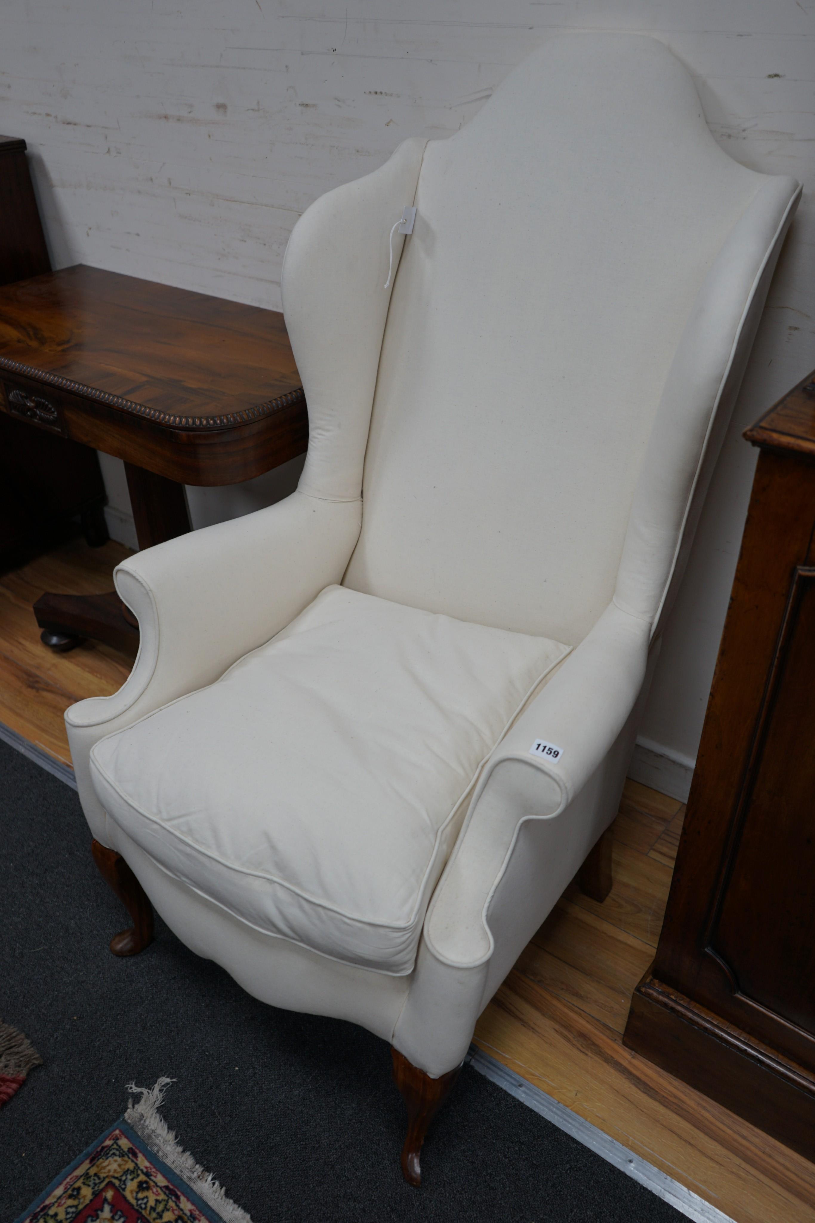 A pair of 18th century wing armchairs, width 70cm, depth 76cm, height 118cm